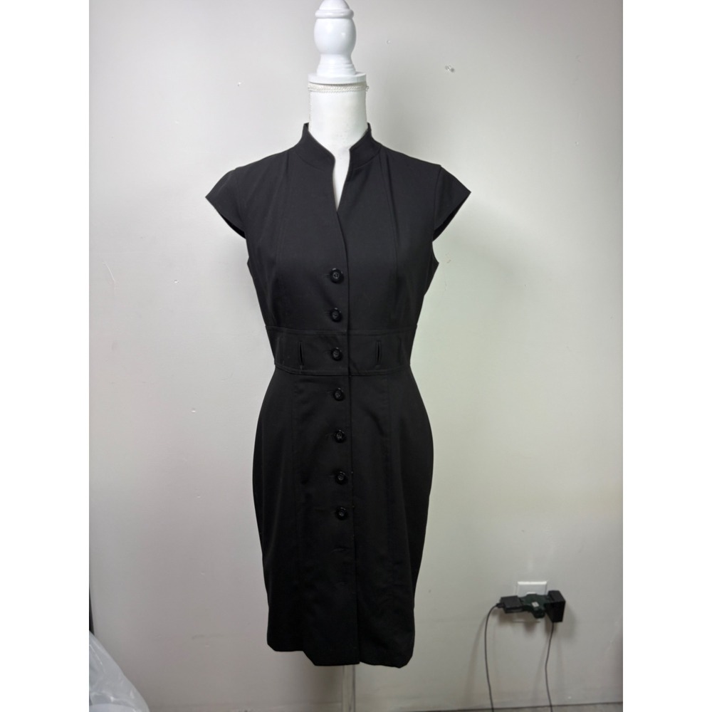 Calvin Klein Women Black Button Front Mandarin Collar Cap Sleeve Sheath Dress